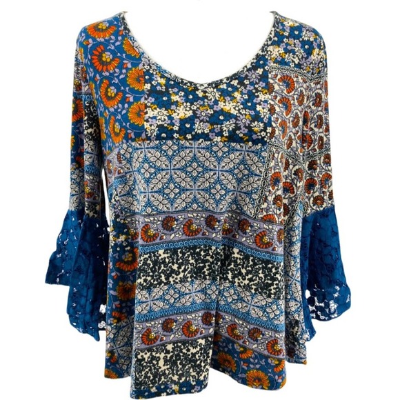 Roommates Boho Flowy Mixed Floral Print Lace Ruffle Bell Sleeve Tops - Picture 2 of 16